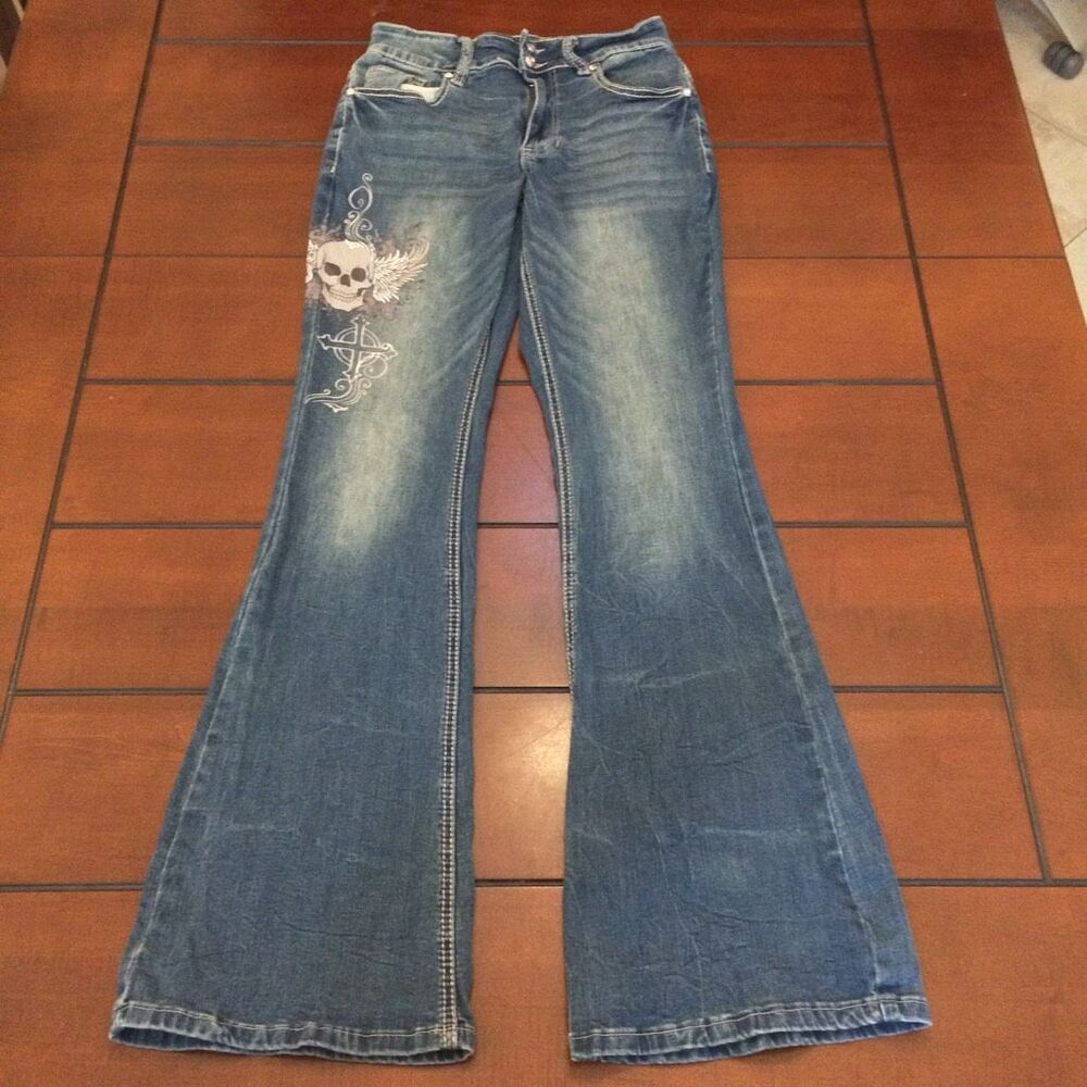 Y2K Hot Topic Winged Skull Flare Jeans size 5